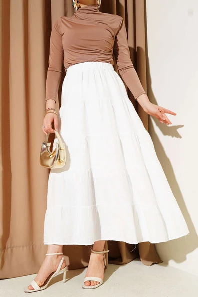 Bel Lastikli Kat Kloş Etek Ekru ürün görseli 1