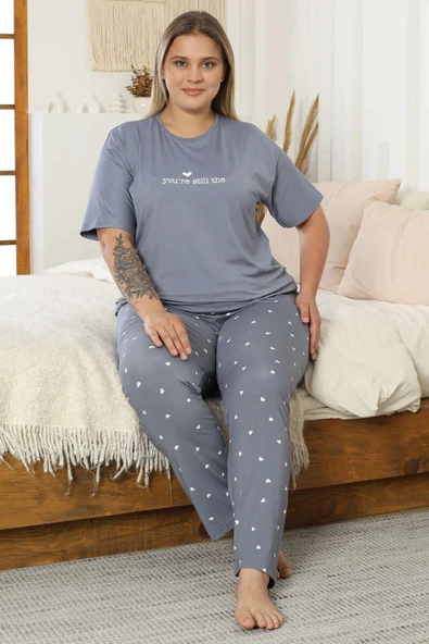 Kalp Baskılı Kısa Kol Büyük Beden Pijama Takım Kayrak Grisi ürün görseli 1