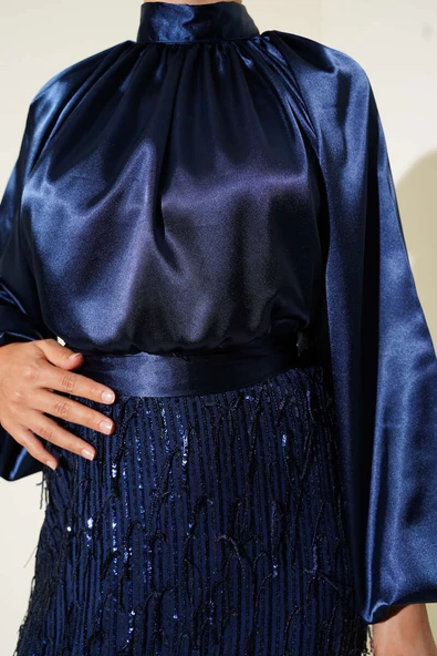 Kuşaklı Pul Payetli Abiye Elbise Lacivert - Resim 4