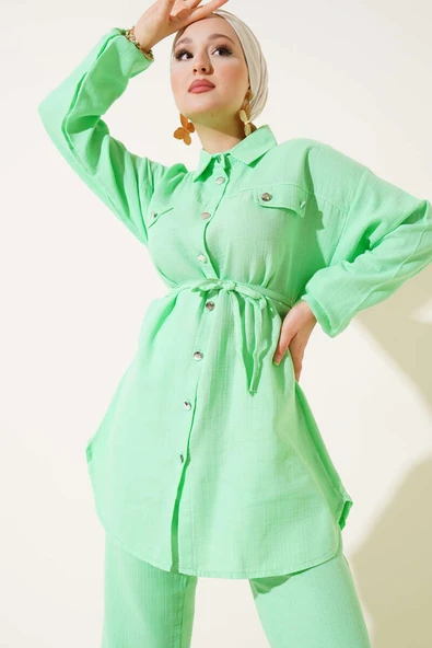 Metal Düğmeli Müslin İkili Takım Yeşil - Resim 2