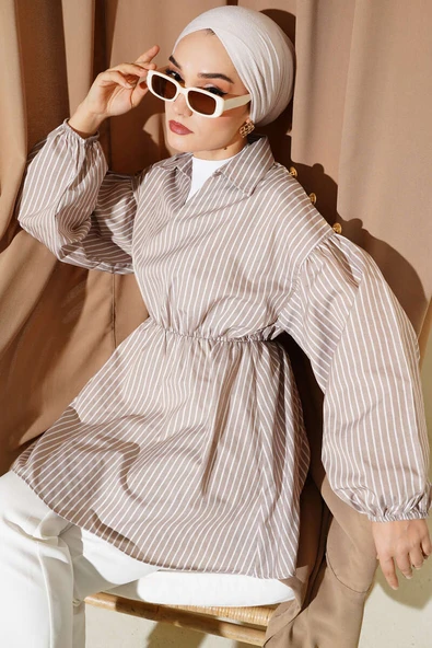 Çizgili Balon Kol Bel Lastikli Tunik Latte ürün görseli 1