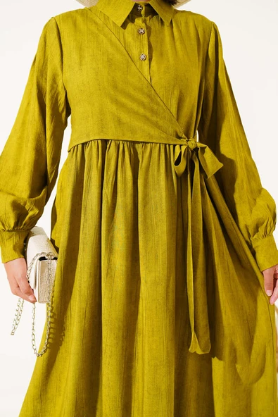 Gömlek Yaka Yandan Bağlamalı Elbise Yağ Yeşili - Resim 4