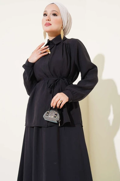 Gizli Düğmeli Kuşaklı Etekli İkili Takım Siyah - Resim 2