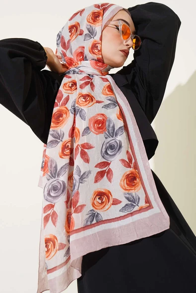 Floral Desenli Bambu Kraş Şal Latte - Resim 2