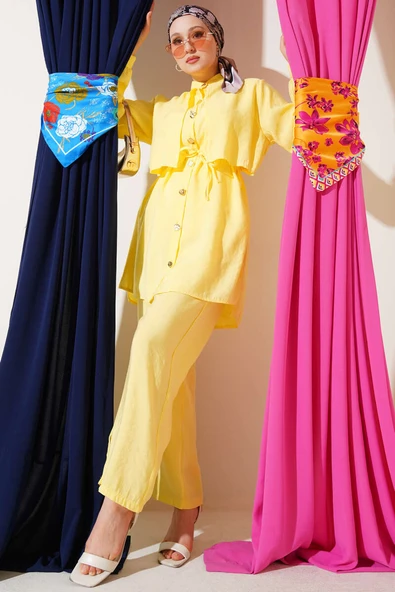 Gold Düğmeli Bolerolu Tencel İkili Takım Sarı ürün görseli 1