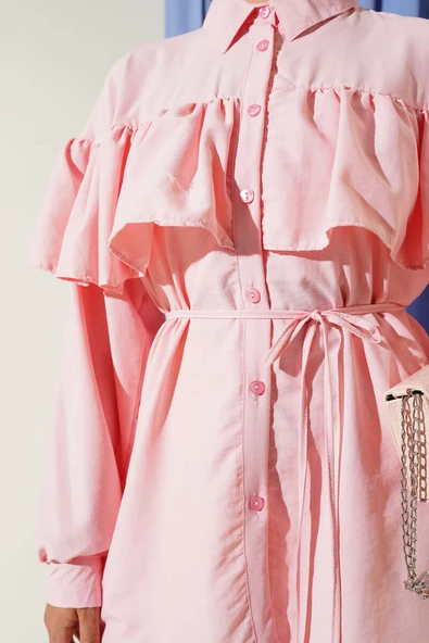 Geniş Omuz Fırfırlı Gömlek Pembe - Resim 4