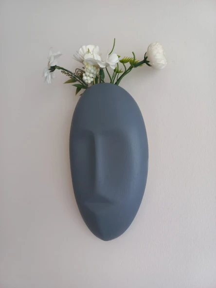 Dekoratif Maske Duvar Vazosu, Duvar Dekoru ,Heykel Duvar Süsü, Gri - Resim 4