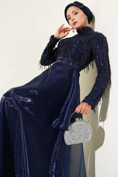 Pul Payetli Püsküllü Abiye Elbise Lacivert - Resim 2