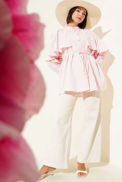 Pelerinli İp Kuşaklı Gömlek Pembe - Resim 2