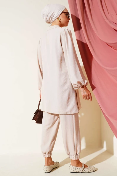 Taş Düğmeli İkili Takım Bej - Resim 3