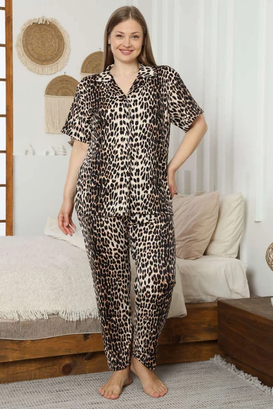 Leopar Desen Kısa Kol Büyük Beden Pijama Takım Leopar ürün görseli 1