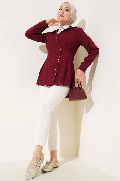 İnci Detaylı Belden Pileli Gömlek Bordo - Resim 2