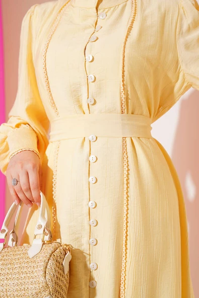 Etek Pileli Kuşaklı Elbise Sarı - 4