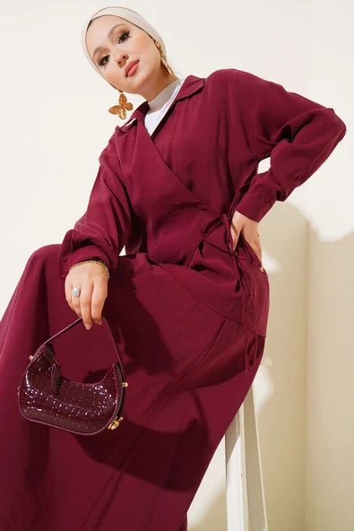 Yanı İp Bağlamalı Etekli İkili Takım Bordo - Resim 2