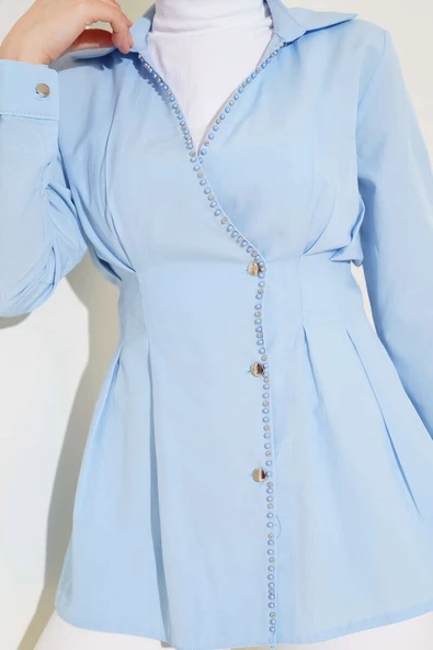 İnci Detaylı Belden Pileli Gömlek Mavi - Resim 4