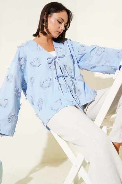 Önü Bağcıklı Püskül Detaylı Kimono Mavi ürün görseli 1