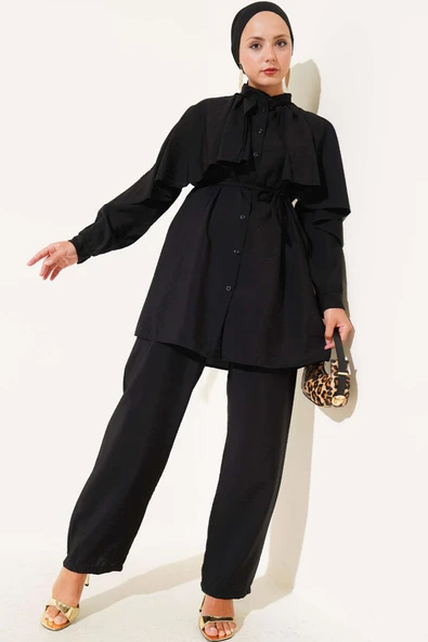 Omuz Fırfır Pelerinli İkili Takım Siyah ürün görseli 1