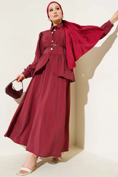 Kare Düğmeli Kemerli Etekli Takım Bordo ürün görseli 1