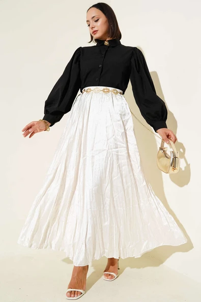 Omuz Pileli Balon Kol Kısa Gömlek Siyah - Resim 2