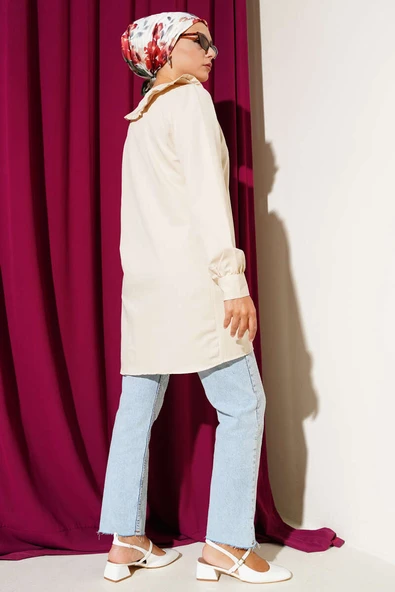 Yaka Fırfırlı Fiyonklu Tunik Bej - Resim 3