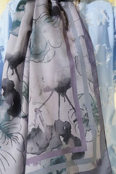 Çiçekli Şerit Geçiş Detaylı Şal Kayrak Grisi - Resim 4