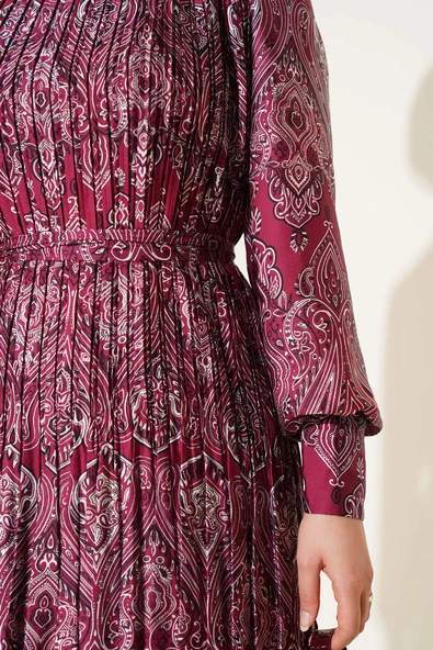 Karışık Desenli Kuşaklı  Elbise Bordo - Resim 4