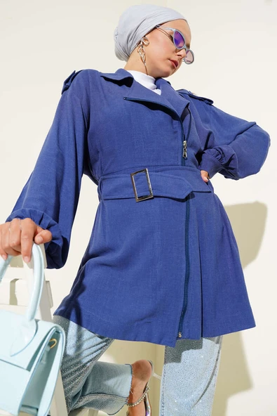 Çapraz Fermuarlı Kemerli Ceket Indıgo ürün görseli 1