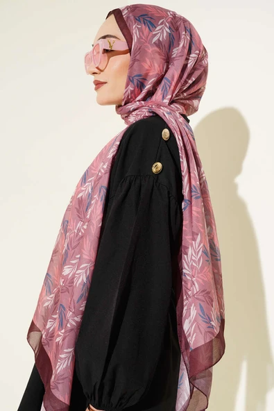 Tropikal Yaprak Desen Şal Acı Kahve - Resim 3