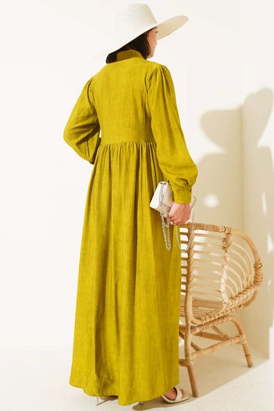 Gömlek Yaka Yandan Bağlamalı Elbise Yağ Yeşili - Resim 3