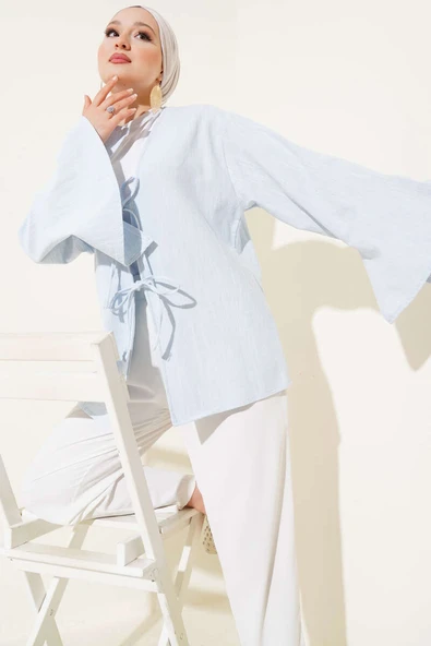 Önü Bağcıklı Geniş Kol Kimono Mavi