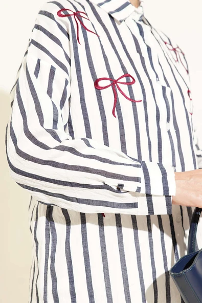 Kurdele Nakışlı Çizgili Gömlek Lacivert - Resim 4