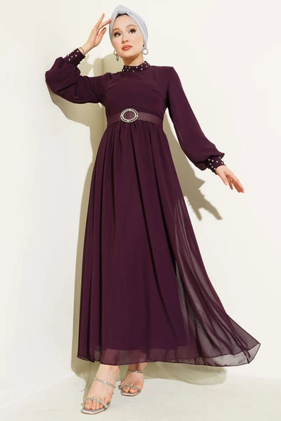 Taş Detaylı Kemerli Şifon Elbise Mürdüm ürün görseli 1