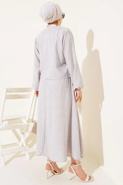 Brit Düğmeli Önü Pileli Etekli Takım Taş - 3