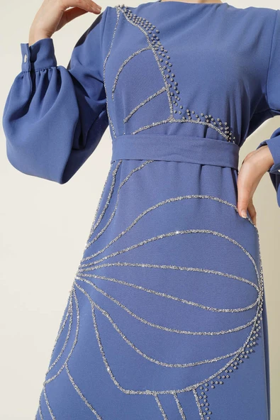 Taş Çiçek Süslümeli Abiye Elbise İndigo - Resim 4