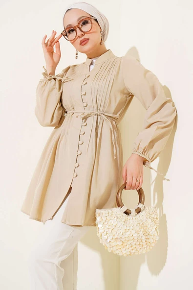 Brit Düğmeli Nervürlü Tunik Latte ürün görseli 1