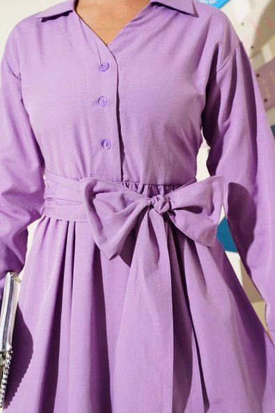Yarım Düğmeli Bağlamalı Terikoton Elbise Lila - Resim 4