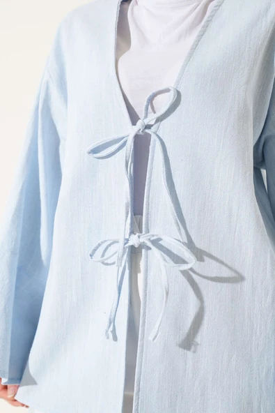 Önü Bağcıklı Geniş Kol Kimono Mavi - 4