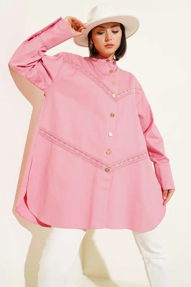 Dantel Detaylı Gömlek Pudra ürün görseli 1