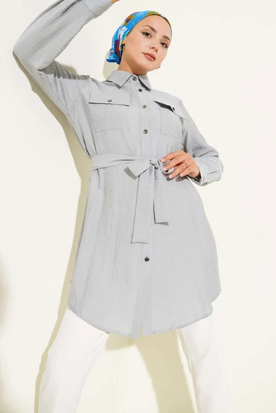 Çift Cepli Belden Bağlamalı Tunik Gri ürün görseli