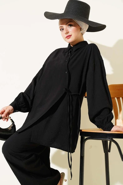 Çapraz Düğmeli Bağlamalı Tunik İkili Takım Siyah - Resim 2