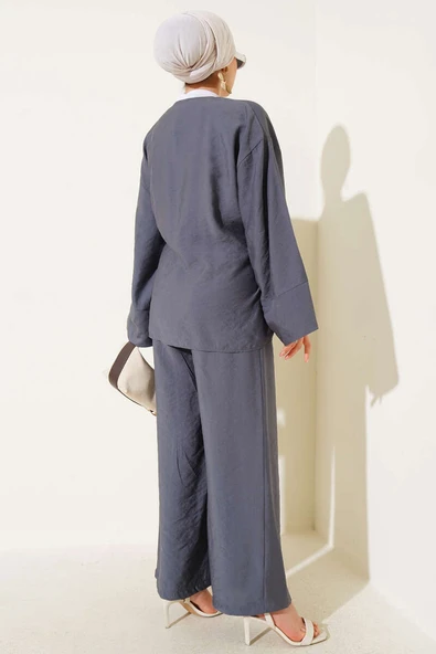 Yandan İp Bağcıklı Kimono İkili Takım Fume - Resim 3