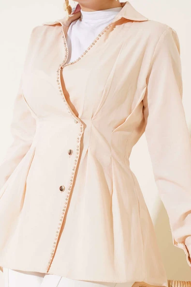 İnci Detaylı Belden Pileli Gömlek Bej - Resim 4