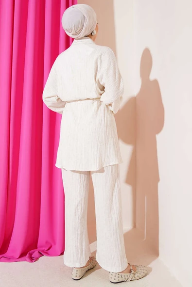 Beli Bağcıklı Önü Tahta Düğmeli İkili Takım Bej - Resim 3