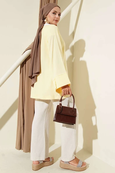 V Yaka Salaş Keten Gömlek Sarı - Resim 3