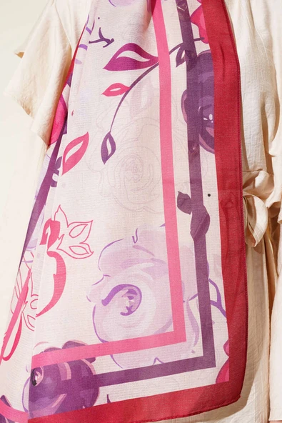 Gül Motifli Şal Bordo - Resim 4