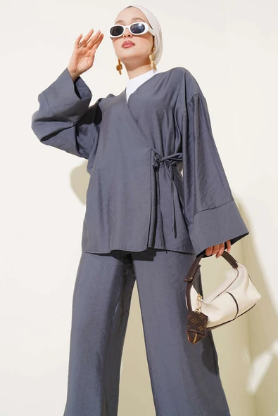 Yandan İp Bağcıklı Kimono İkili Takım Fume - Resim 2