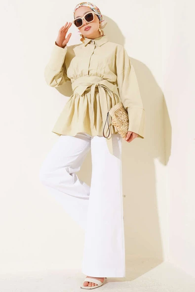 Kuşak Büzgülü Yarım Düğmeli Tunik Lime - Resim 2