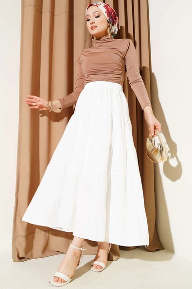 Bel Lastikli Kat Kloş Etek Ekru - Resim 2