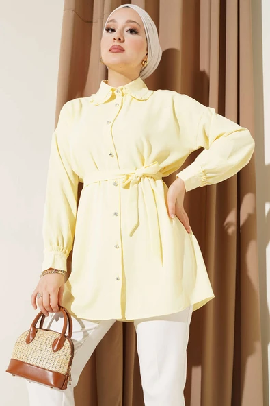 Fırfırlı Bebe Yaka Kuşaklı Gömlek Sarı ürün görseli 1