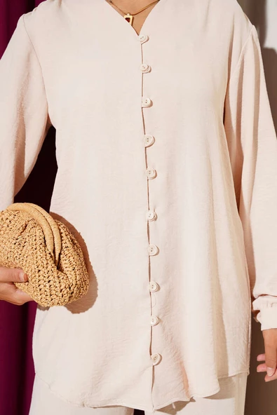 V Yaka Brit Düğmeli Ayrobin İkili Takım Bej - Resim 4